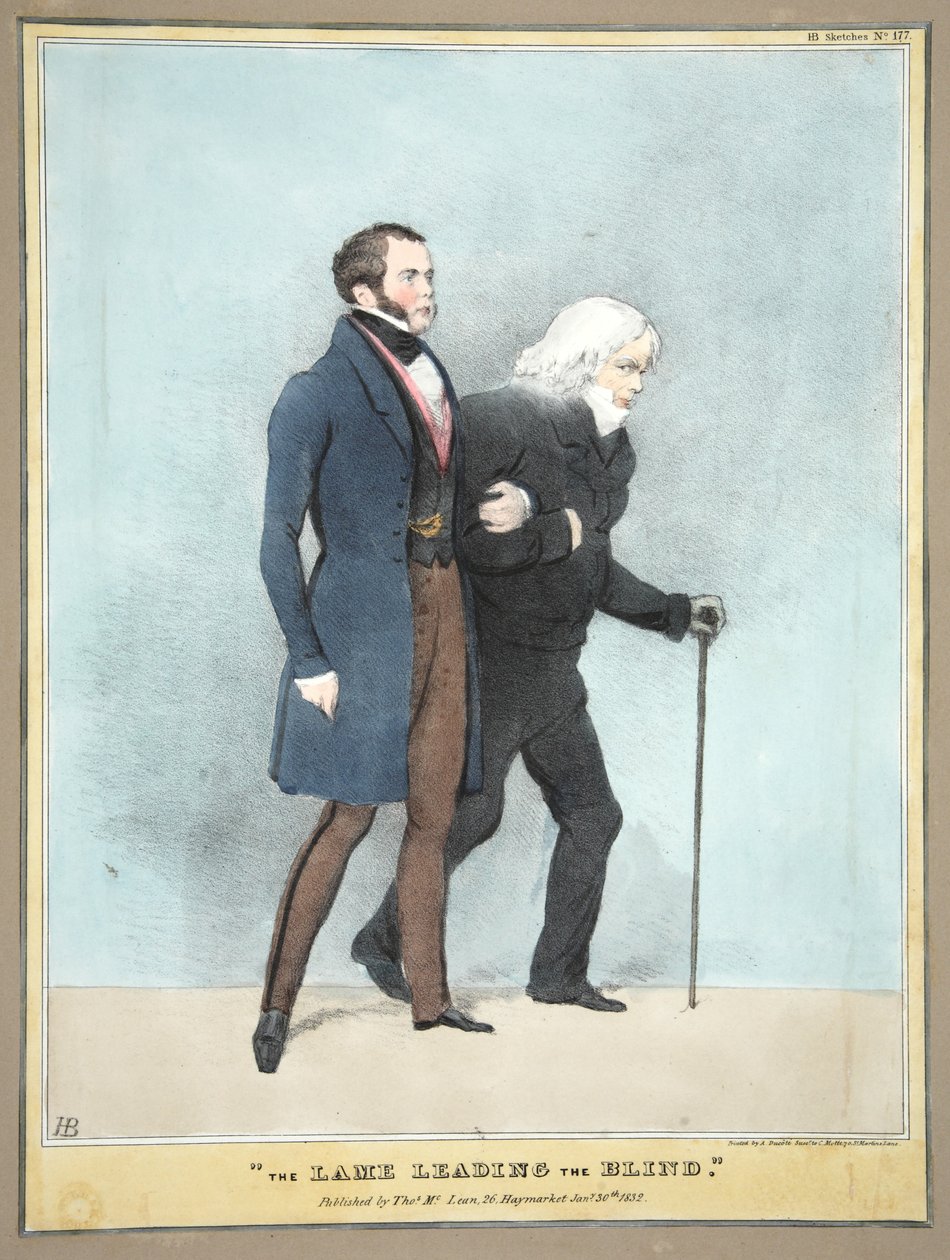 Lame johtaa sokeita, pubi. 1832 (värillinen kaiverrus) tekijältä English School