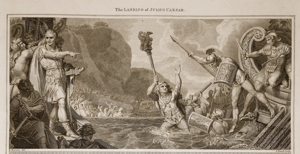 Julius Caesarin laskeutuminen, David Humen kuvitus Englannin historia, pub. R. Bowyer, Lontoo, 1812 tekijältä English School