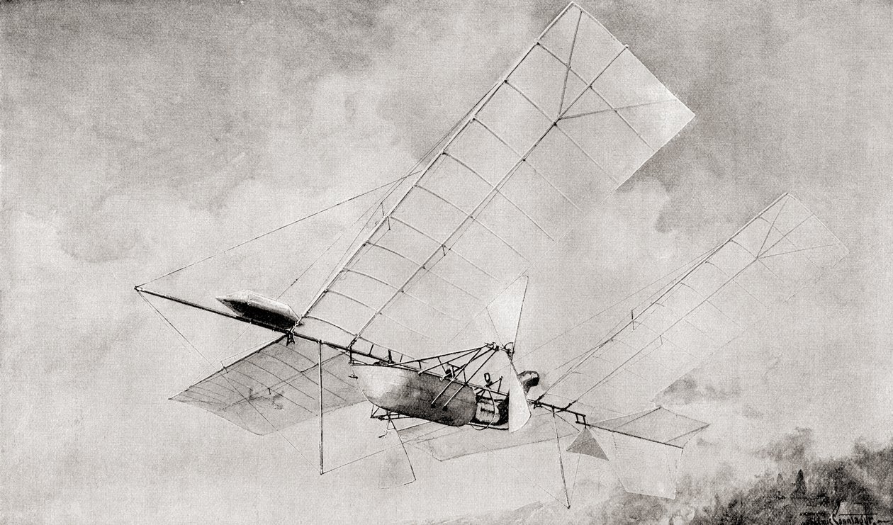 Langley Aerodromen lentokone lennossa 1800-luvulla. Vuonna 1897 julkaistusta The Strand Magazinesta. tekijältä English School
