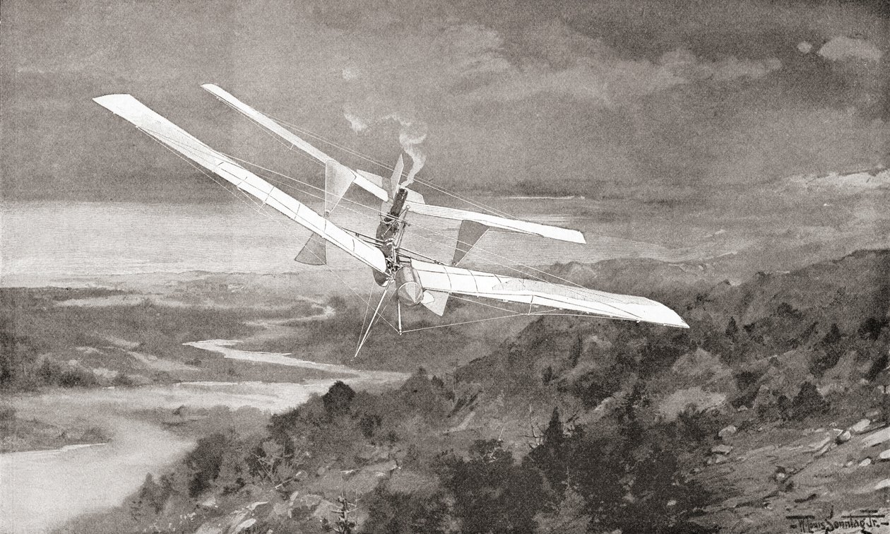 Langley Aerodromen lentokone lennossa 1800-luvulla. Vuonna 1897 julkaistusta The Strand Magazinesta. tekijältä English School