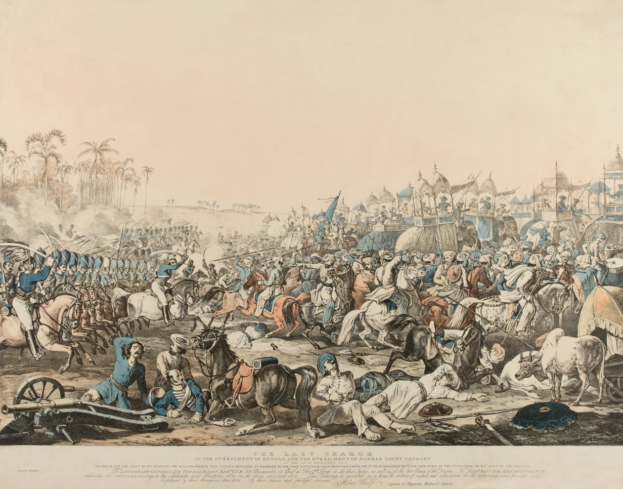 Bengalin 6. rykmentin (sic) ja Madrasin kevyen ratsuväen 6. rykmentin viimeinen panos 16. joulukuuta 1817 (väri litho) tekijältä English School