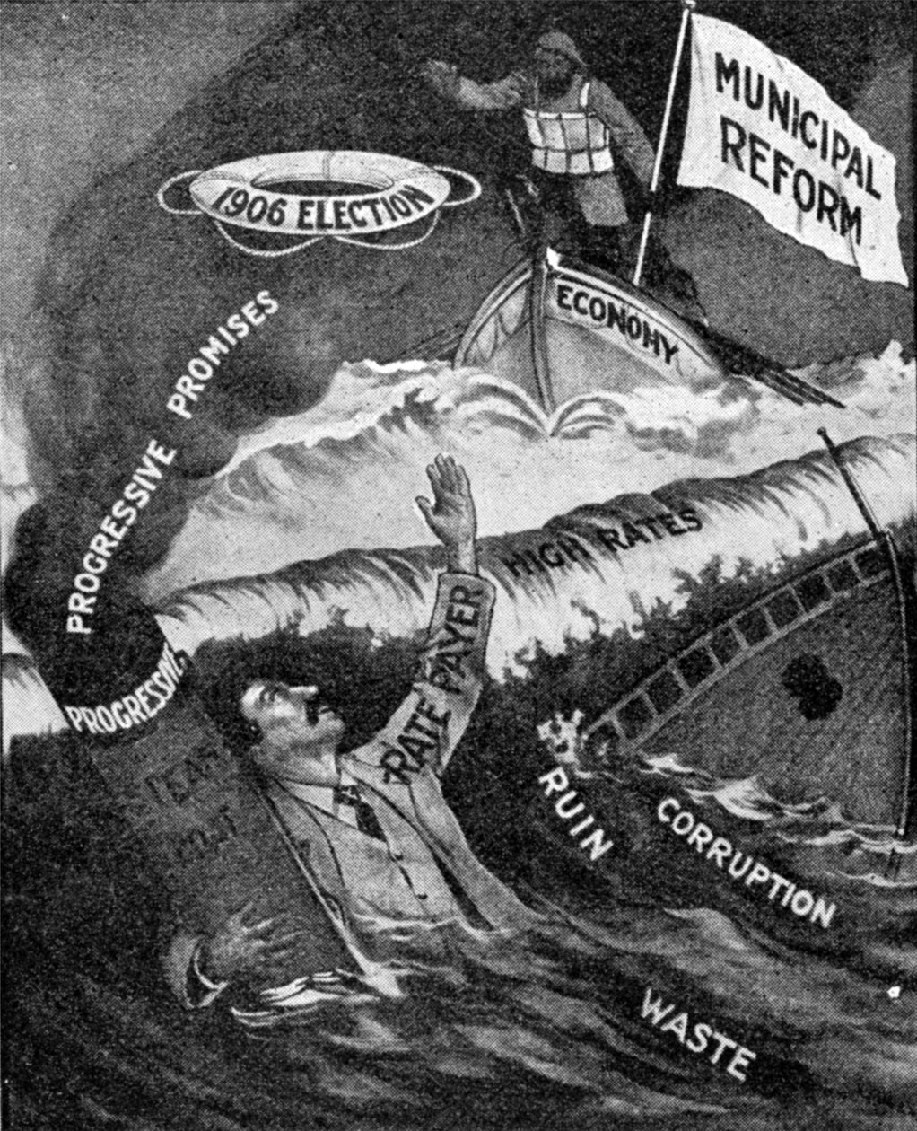 The Last Hope, kunnallisuudistuspuolueen juliste, julkaistu The Graphicissa, 27. lokakuuta 1906 tekijältä English School