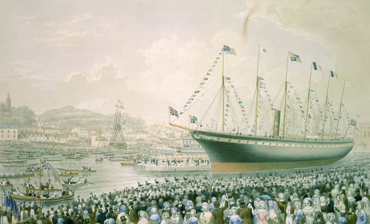 Höyrylaivan "The Great Britain" laukaisu Bristolissa, 9. heinäkuuta 1843, noin 1843 (väri litho) tekijältä English School