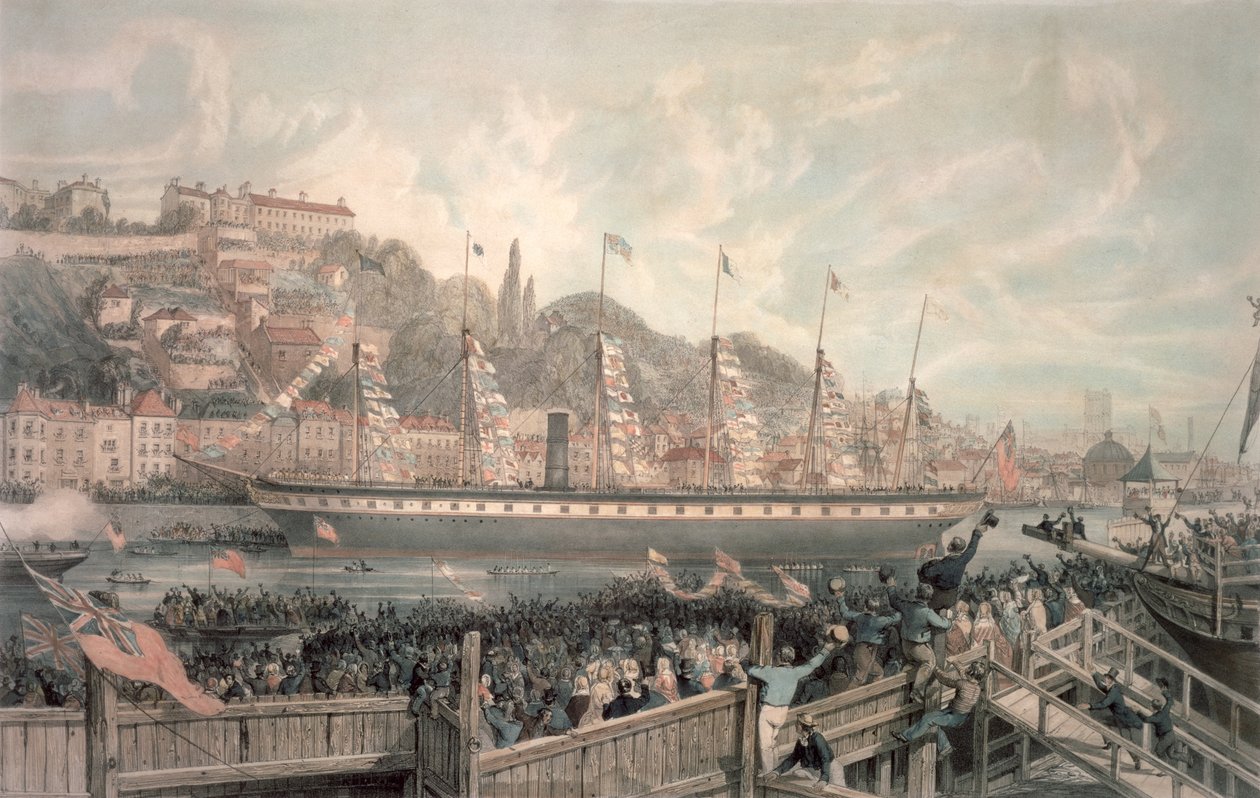 Höyrylaivan "The Great Britain" laukaisu H.R.H.:n läsnäollessa. Prinssi Albert (väri litho) tekijältä English School