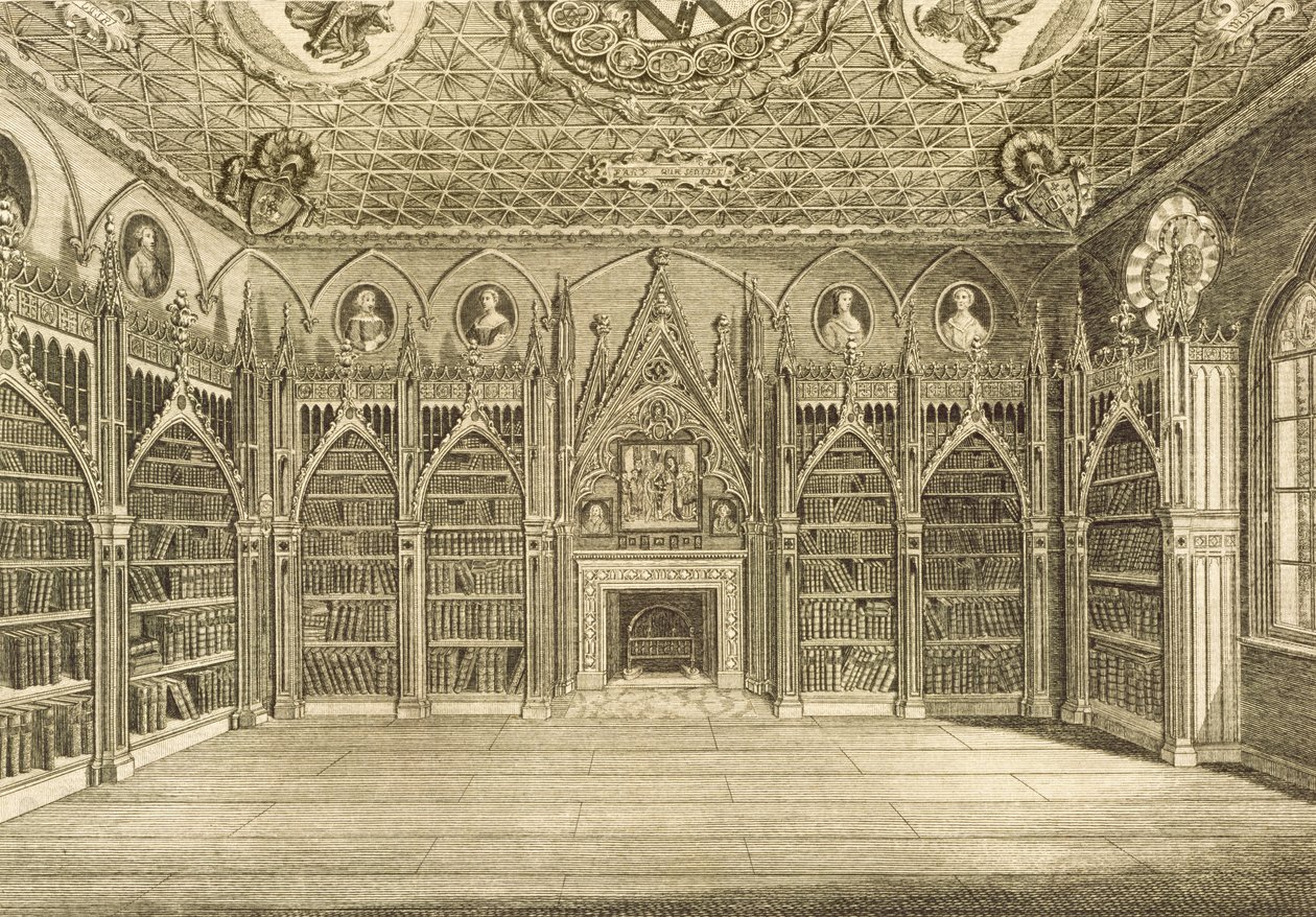 Kirjasto, kaiverrus Godfrey, Horace Walpolen kuvauksesta Strawberry Hill, 1784 tekijältä English School