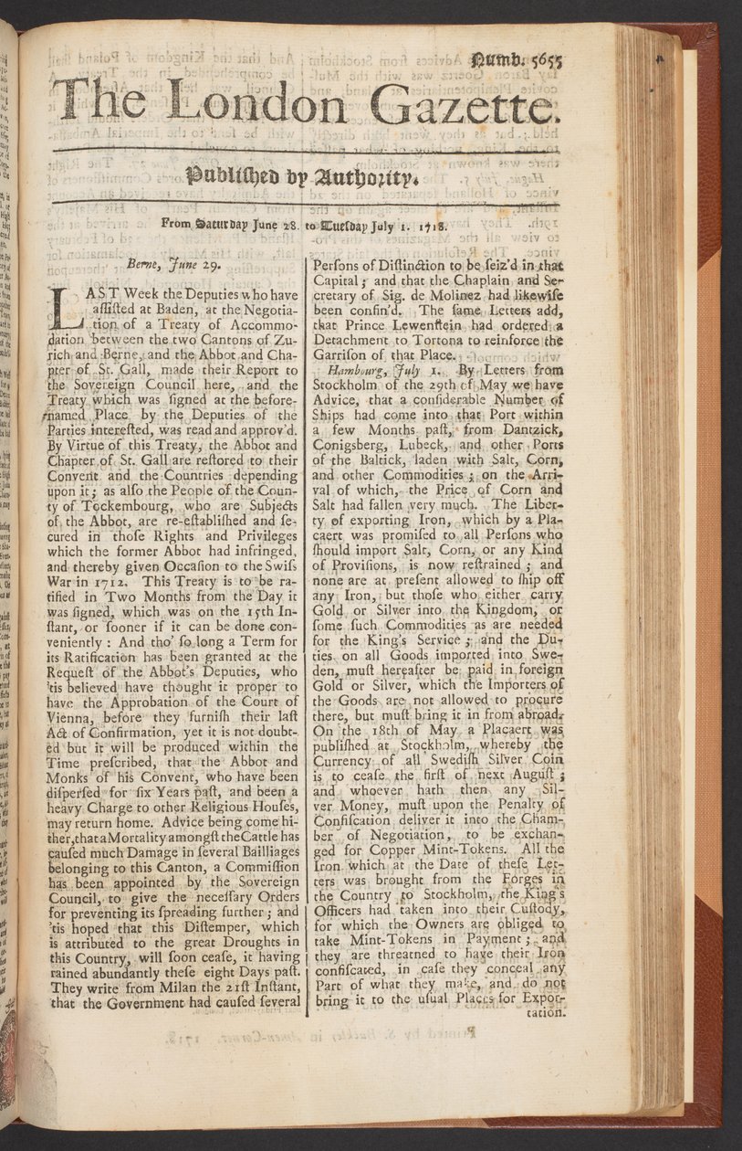 The London Gazette, numero 5655, sivu 1, 28. kesäkuuta 1718 (painettu) tekijältä English School