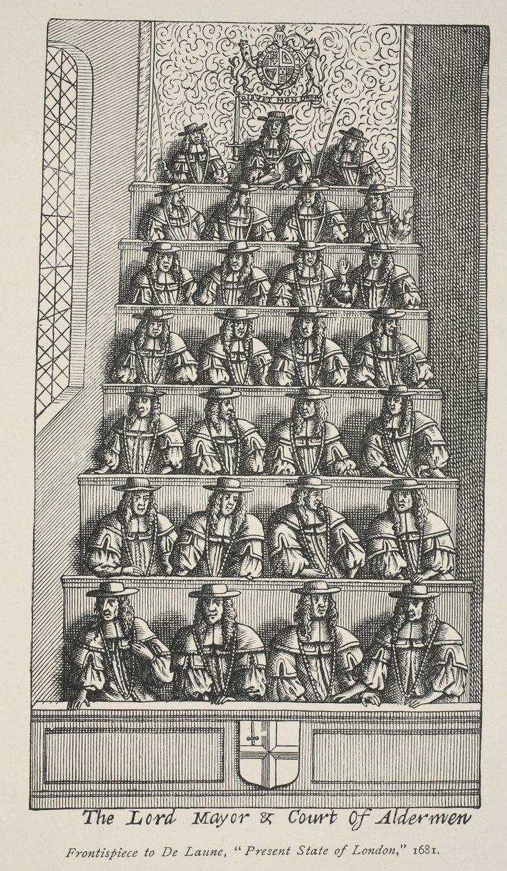 Lord Mayor ja Court of Aldermen, etupaneeli De Launes Angliae Metropolisista, 1681 tekijältä English School