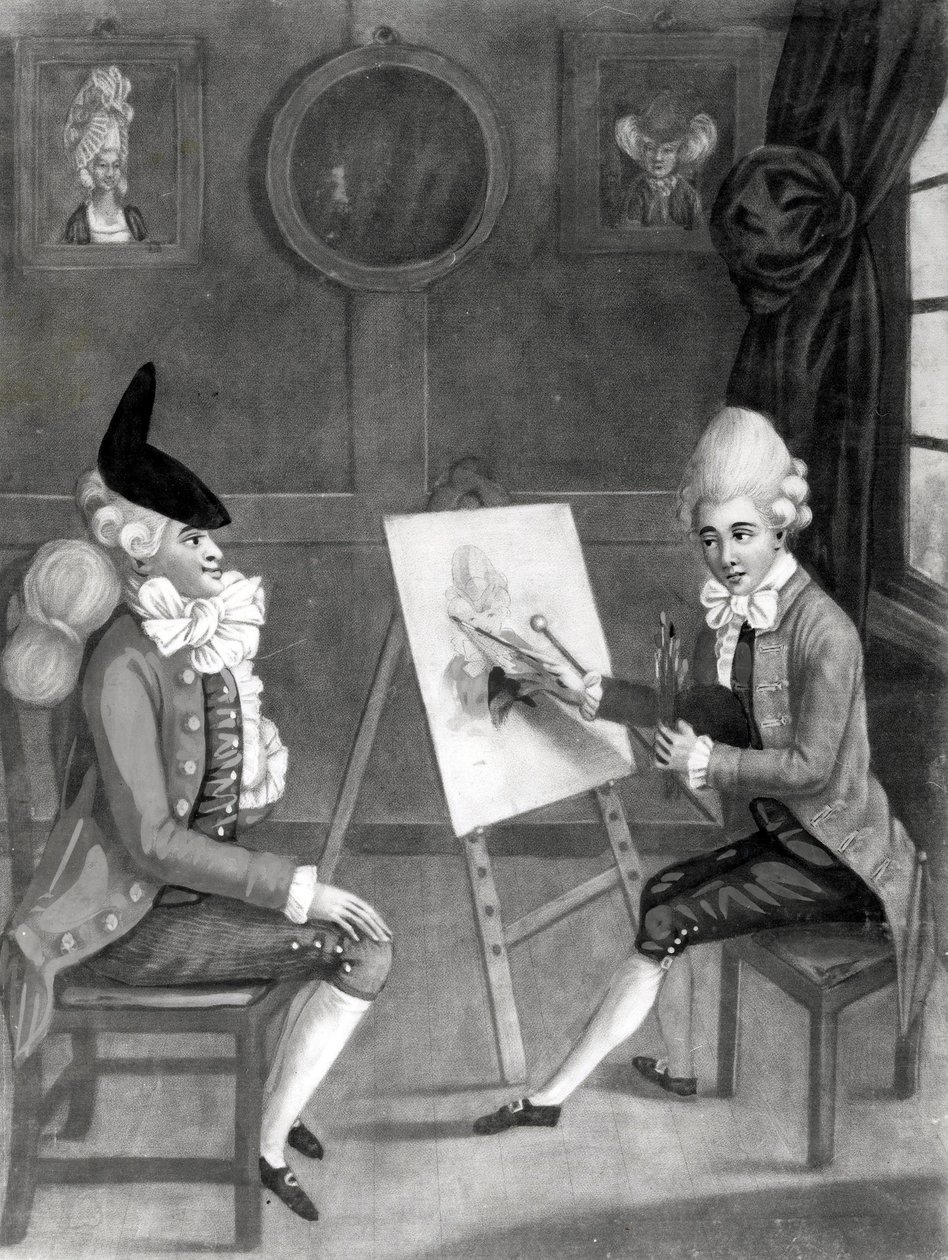 Makaronimaalari eli Billy Dimple, joka sopii hänen kuvaan, julkaisija Bowles and Carver, 1772 (mezzotint) tekijältä English School