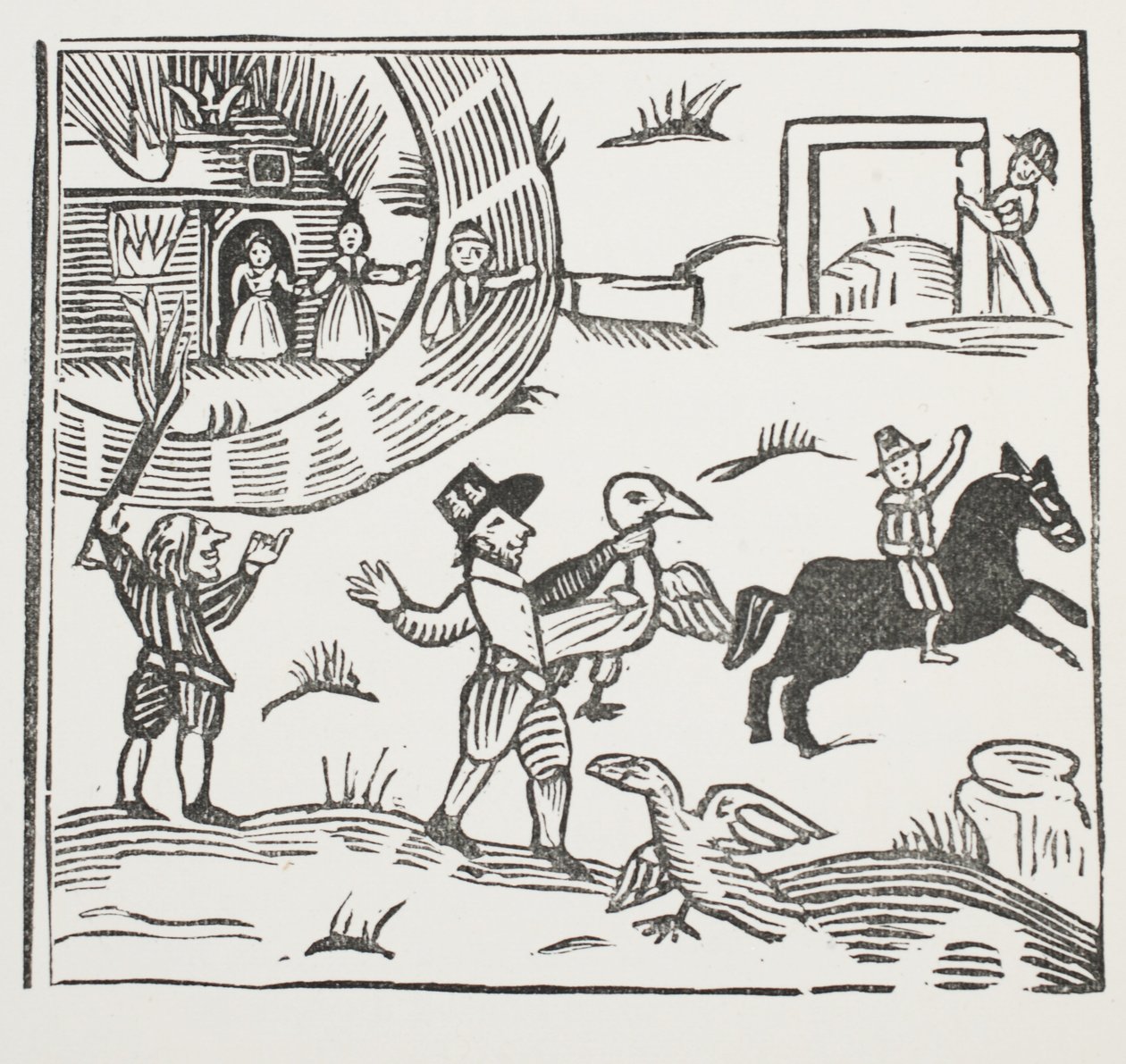 Tom Tramin hullut kepposet, kuvitus John Ashtonin kirjasta Chap-books of the Eightenth Century, pubi. 1882 tekijältä English School