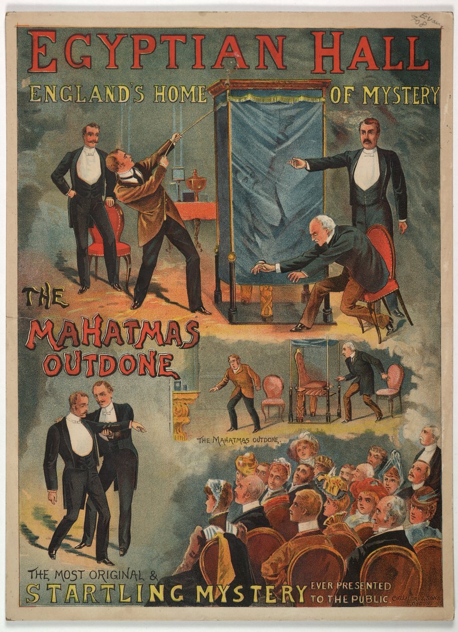 "The Mahatmas Outdone", Maskelynen ja Cooken Egyptian Hallissa vuonna 1891 esittämä (värilitho) tekijältä English School