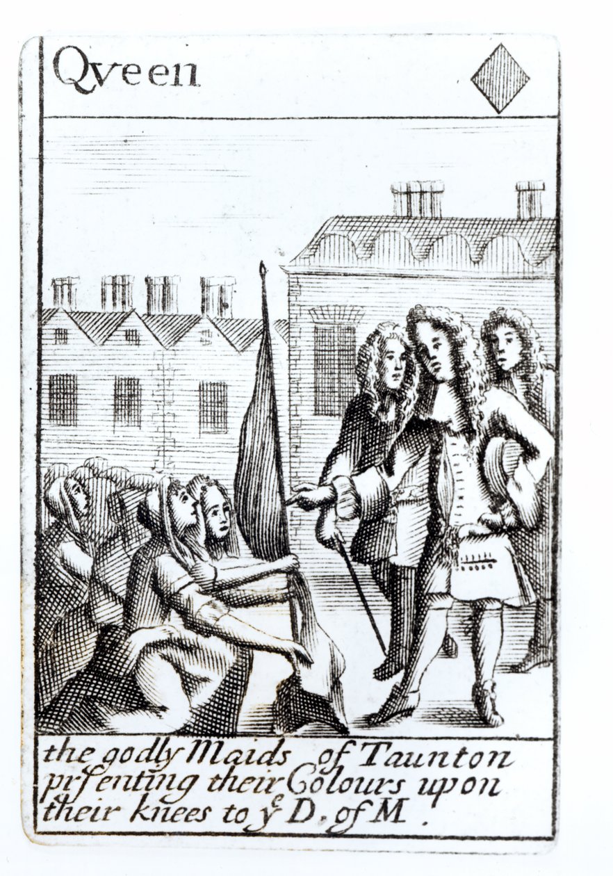 The Maids of Taunton polvistumassa Duke of Monmouthin edessä, 18. kesäkuuta 1685, Queen of Diamonds -pelikortti sarjasta Monmouthin kapinan muistoksi tekijältä English School