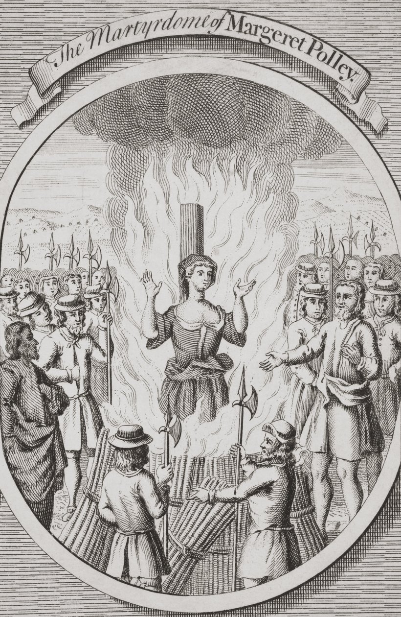 Margeret Polleyn marttyyrikuolema Tunbridgessä, vuodelta 1741, julkaisusta "The Burning of the Martyrs" (litografia). tekijältä English School