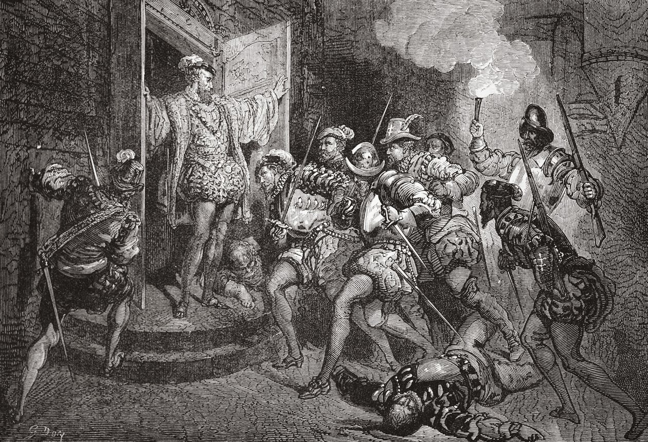 Pyhän Bartolomeuksen verilöyly: hyökkäys Colignysin majoitusta vastaan, kuvitus James Aitken Wylien (1808-1890) teoksesta The History of Protestantism, pub. 1878 tekijältä English School