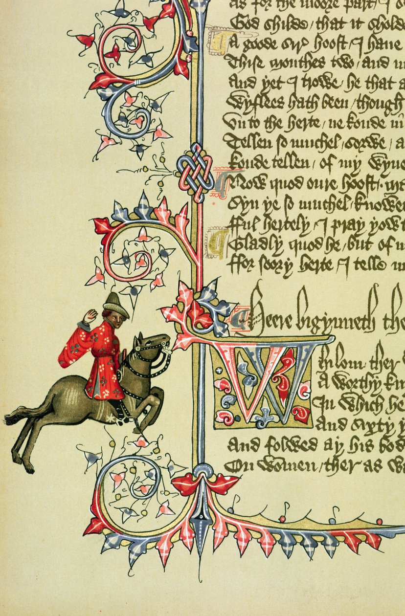 Kauppias, Geoffrey Chaucerin (n. 1342-1400) faksimile-yksityiskohta Canterbury Talesista tekijältä English School