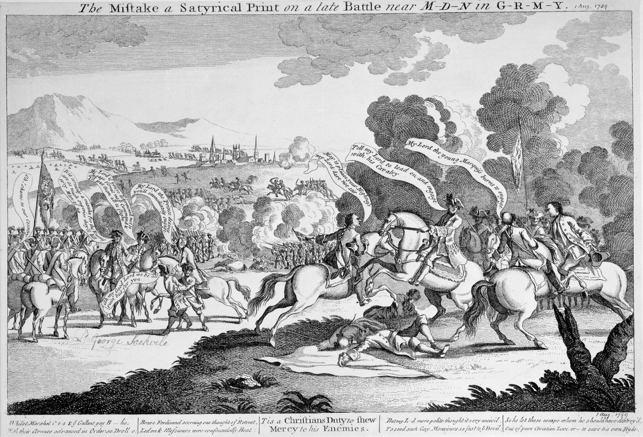 Virhe satyrinen tulos myöhäisessä taistelussa lähellä M-d-n:tä vuonna G-r-m-y, n. 1759 (etsaus) tekijältä English School