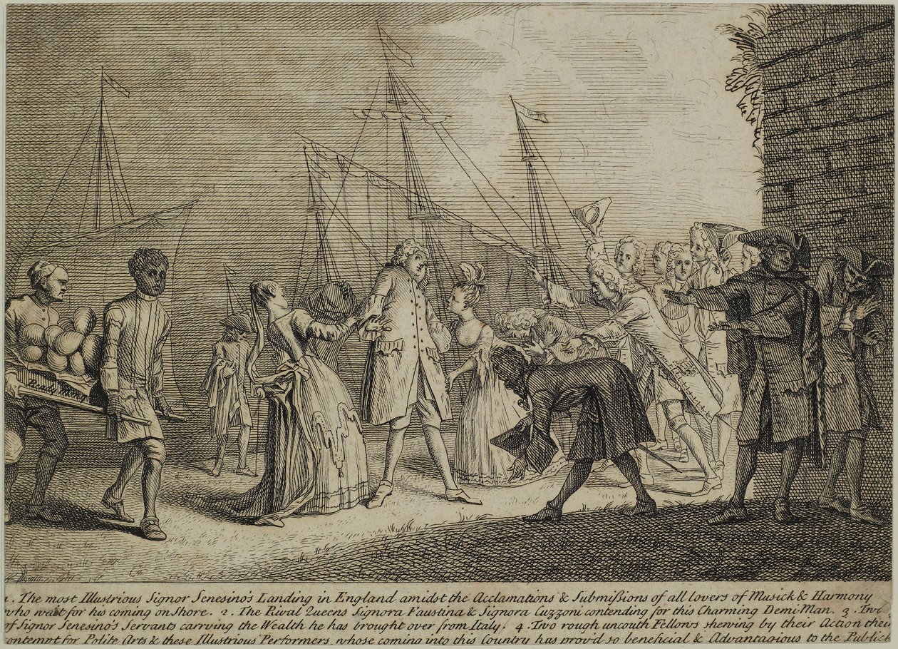 Maineikkain Signor Senesinosin maihinnousu Englannissa, n. 1726 tekijältä English School