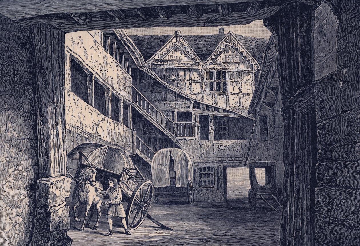 The New Inn, Gloucester, kuvitus teokselle "A Short History of the English People (Vol II)", kirjoittanut John Richard Green (litho) tekijältä English School