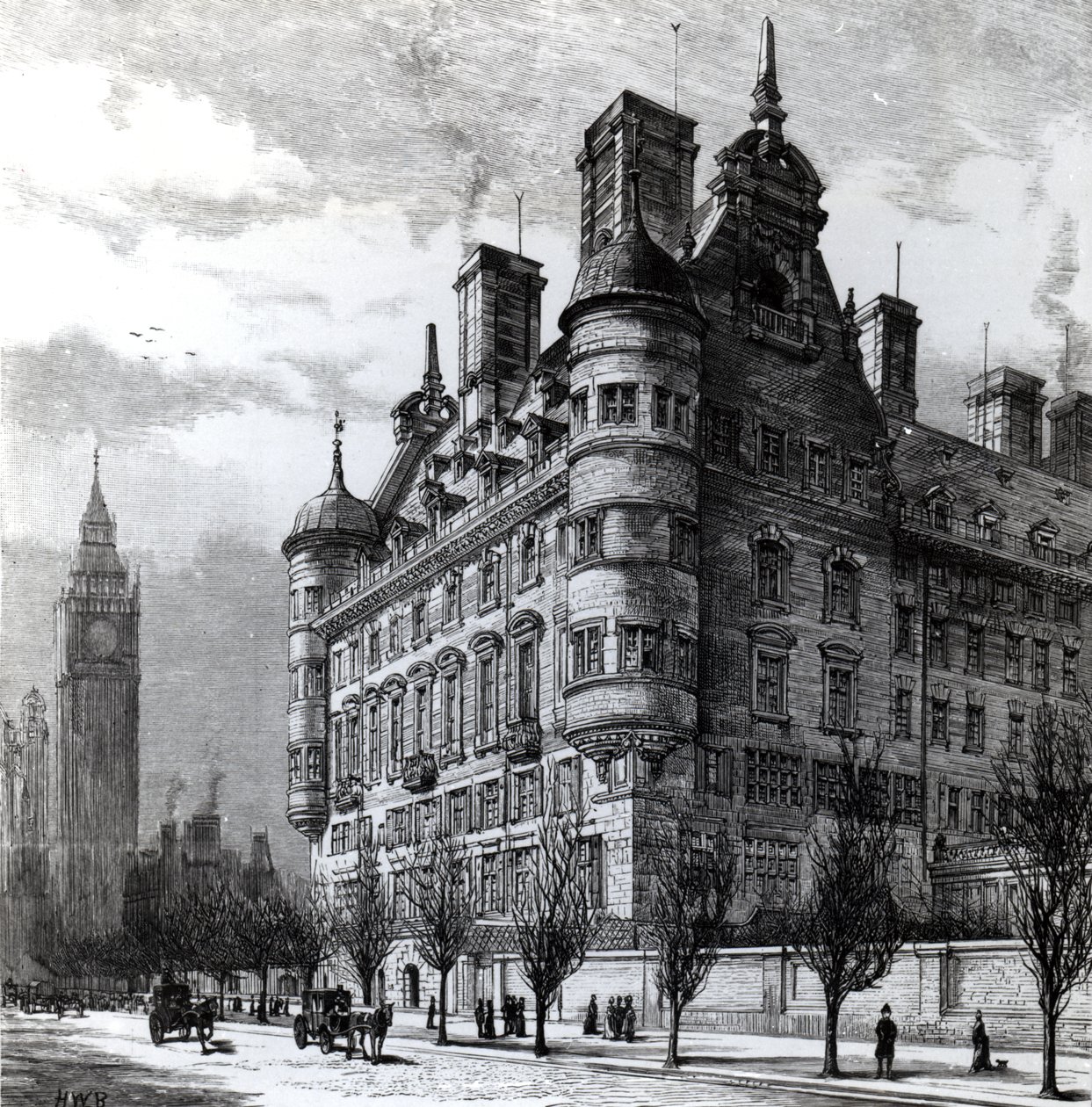 The New Police Offices on Victoria Embankment, kaiverrettu H.W.B., julkaistu "The Illustrated London News" -lehdessä n. 1890 tekijältä English School