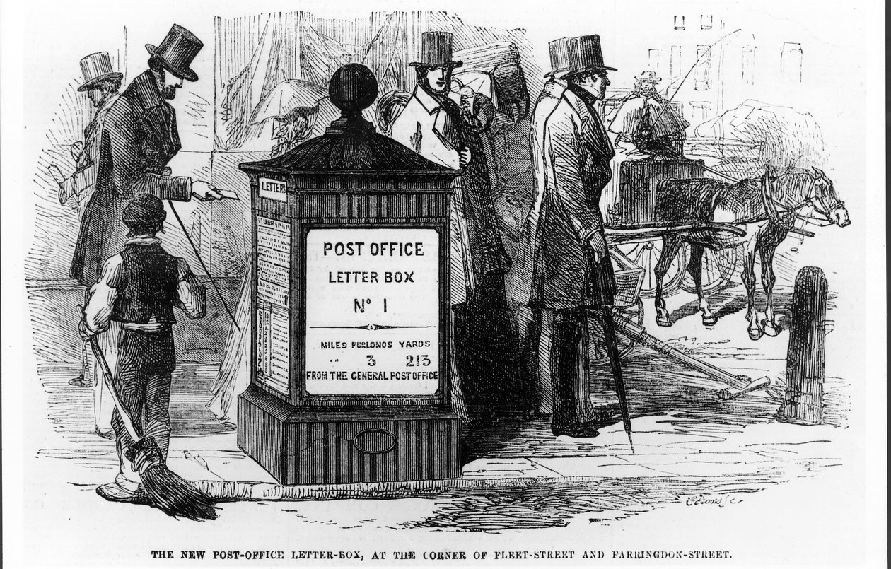 Uusi postilaatikko, Fleet Streetin ja Farringdon Streetin kulmassa, The Illustrated London News, 24. maaliskuuta 1855 tekijältä English School