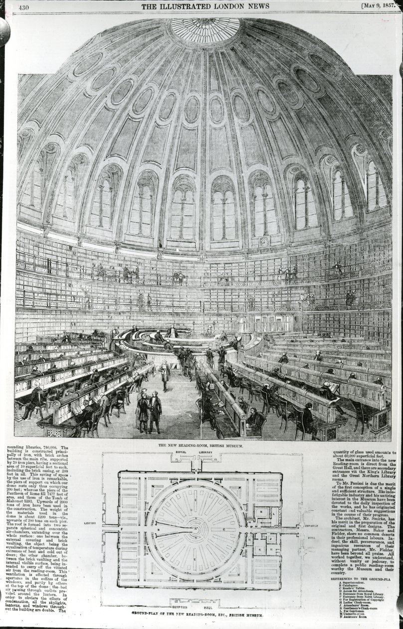 The New Reading-Room, British Museum, julkaistu The Illustrated London Newsissa, 9. toukokuuta 1857 tekijältä English School
