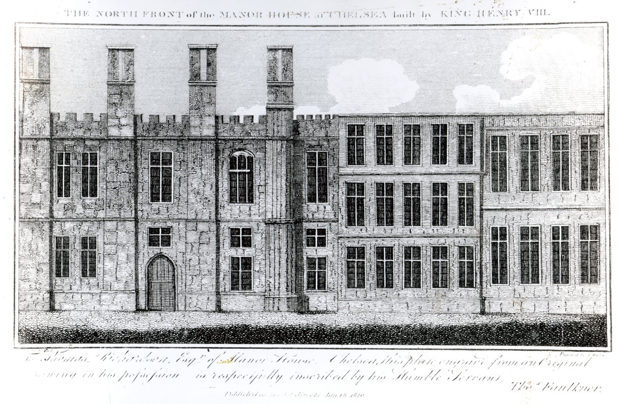 Kuningas Henry VIII:n rakentaman Chelsean kartanon pohjoisrintama, kaiverrettu J. Barlow, kuvitus Thomas Faulknerin teoksessa A Historical and Topographical Account of Chelsea and its Environs, tekijältä English School