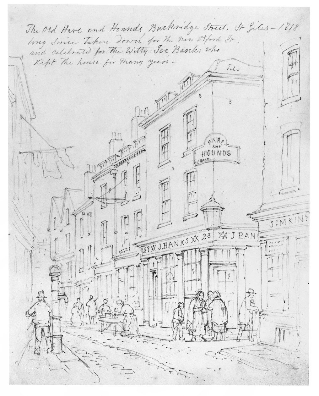 The Old Hare and Hounds, Buckridge Street, St Giles vuonna 1818 (piirustus) tekijältä English School