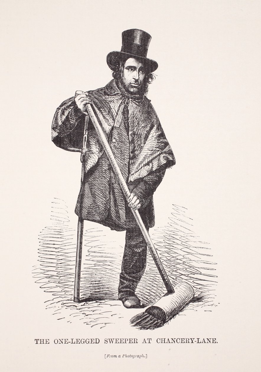 Yksijalkainen lakaisukone Chancery Lanella, valokuvasta, kuvitus London Laborista ja London Poorista Henry Mayhew, pubi. 1862 tekijältä English School