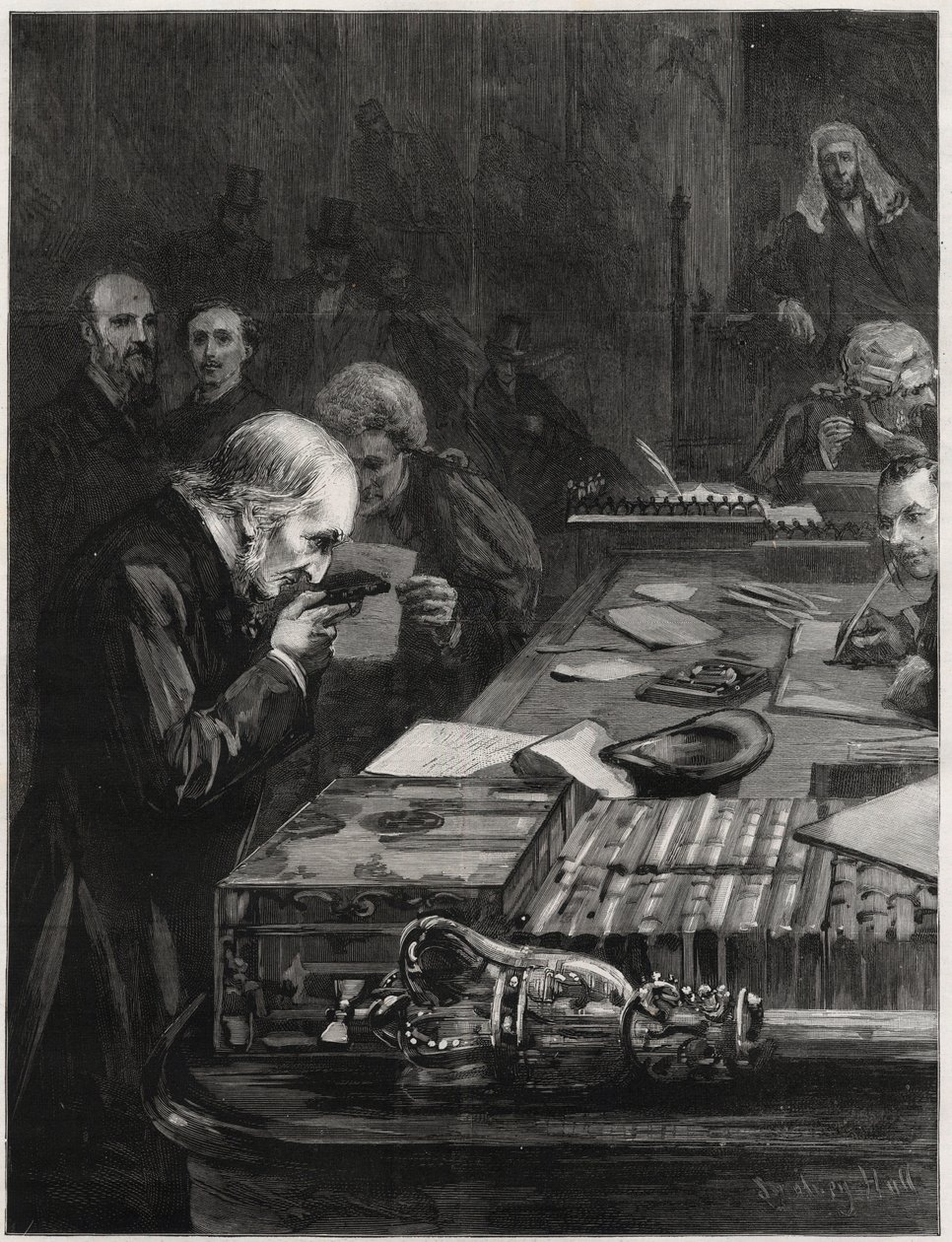 Parlamentin avajaiset 31. tammikuuta 1893, William Ewart Gladstone vannoi valan, Marjoribanksin ja H Gladstonen tukemana. Kuvitus Graphicille tekijältä English School