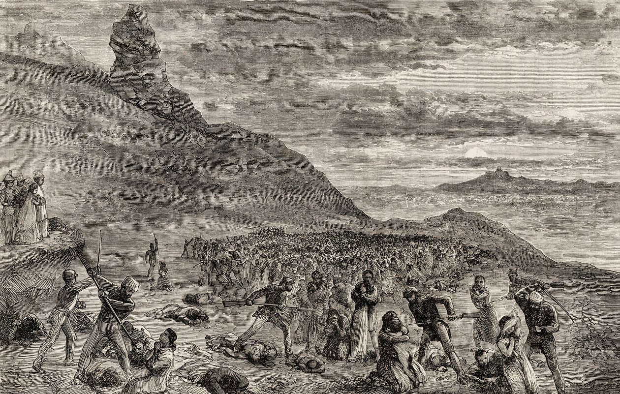 Kristittyjen vaino ja verilöyly Madagaskarin saarella vuonna 1849, noin 1865 (puukaiverrus) tekijältä English School