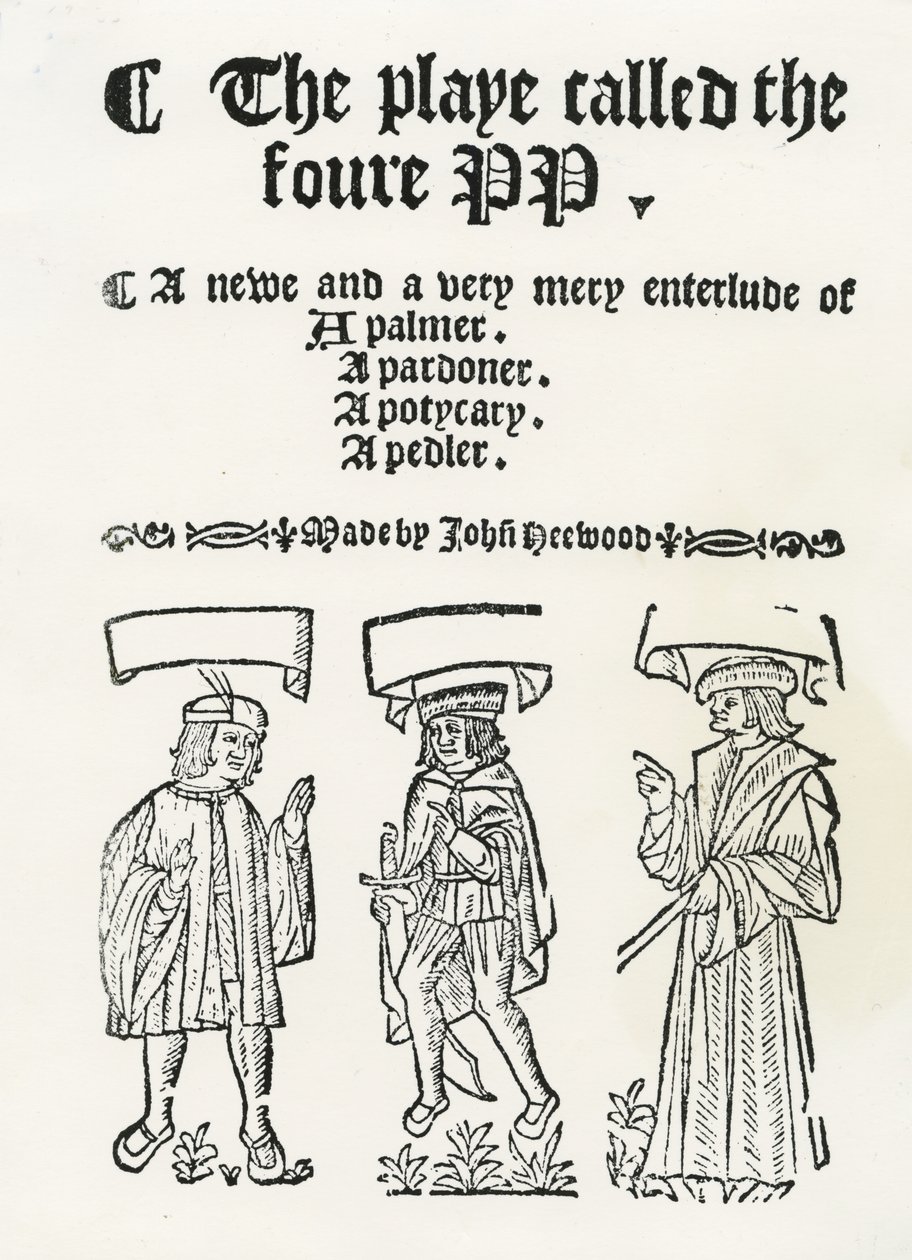 Näytelmä nimeltä foure PP, c. 1530 (puupiirros) tekijältä English School