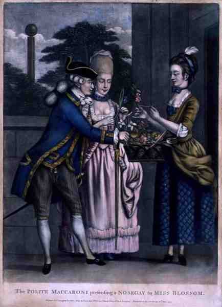 Kohtelias makkaroni esittelee nosegayn Miss Blossomille, pubi. kirjoittanut Carington Bowles (fl.1744-93) tekijältä English School