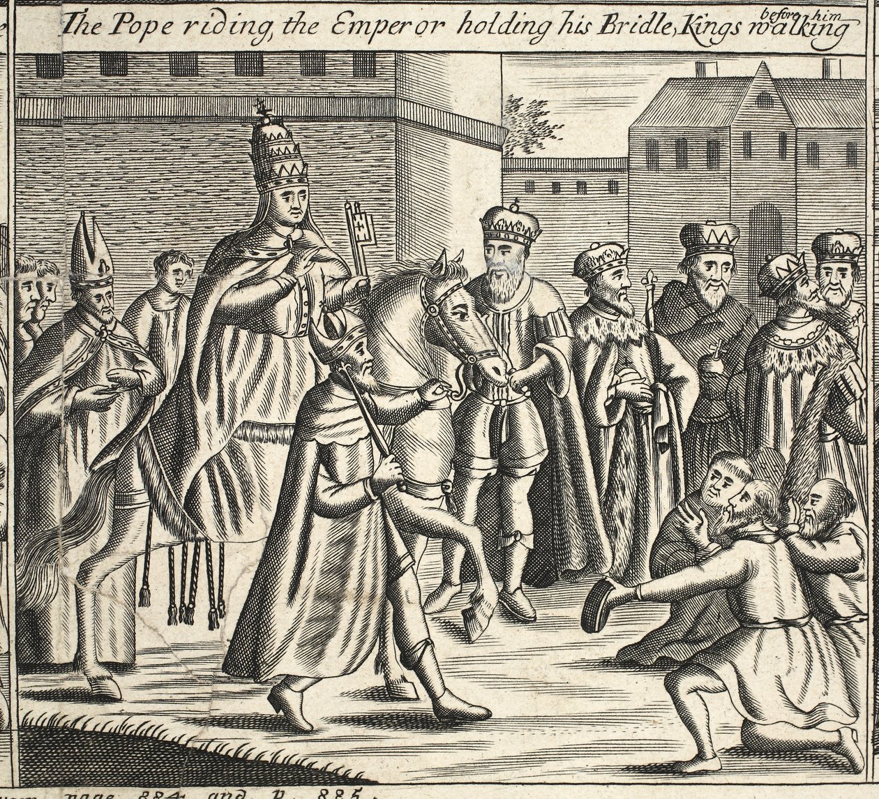 Paavi ratsastaa, keisari pitelee suitset, kuninkaat kävelemässä hänen edessään, kuvitus John Foxen teoksista Apostolien teot ja monumentit, yhdeksäs painos, pubi. 1684 tekijältä English School