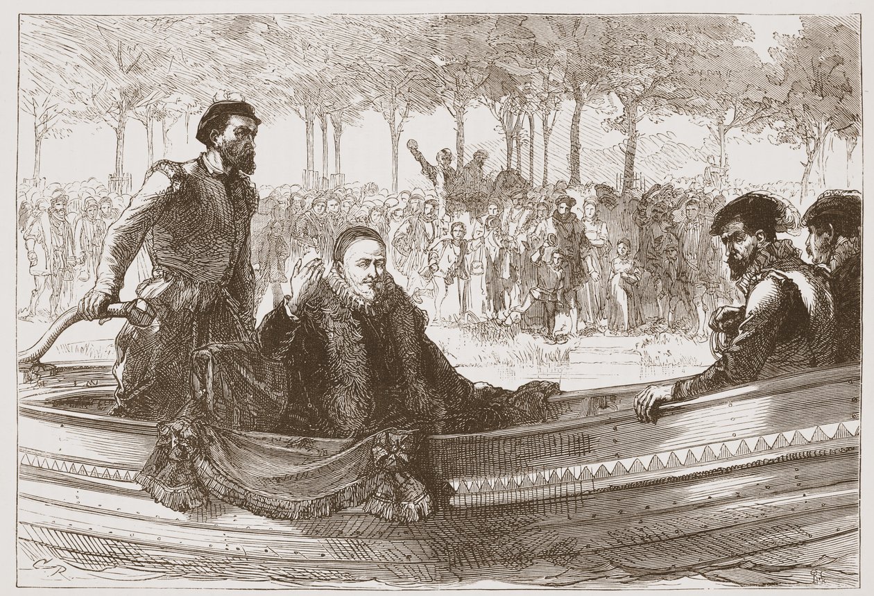 Oranssin prinssi proomussaan matkalla Brysseliin, kuvitus James Aitken Wylien (1808-1890) teoksesta Protestantismin historia, pub. 1878 tekijältä English School