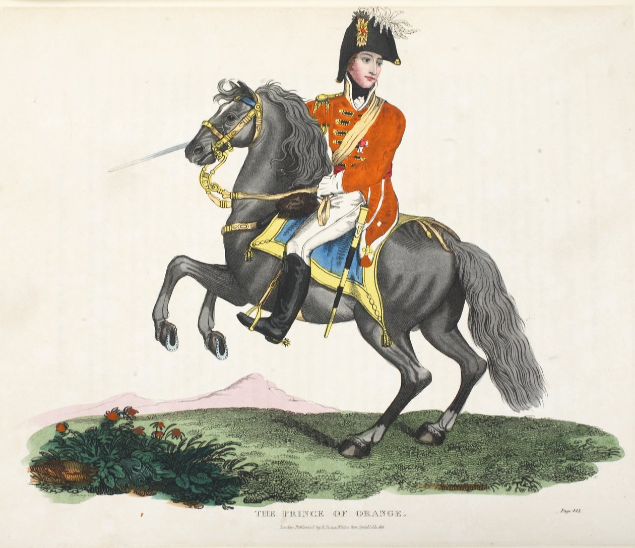 The Prince of Orange, pubi. kirjoittanut Richard Evans, engr Romney, kuvitus William Mudfordin historiallisesta kertomuksesta Waterloon taistelusta, 1816 tekijältä English School