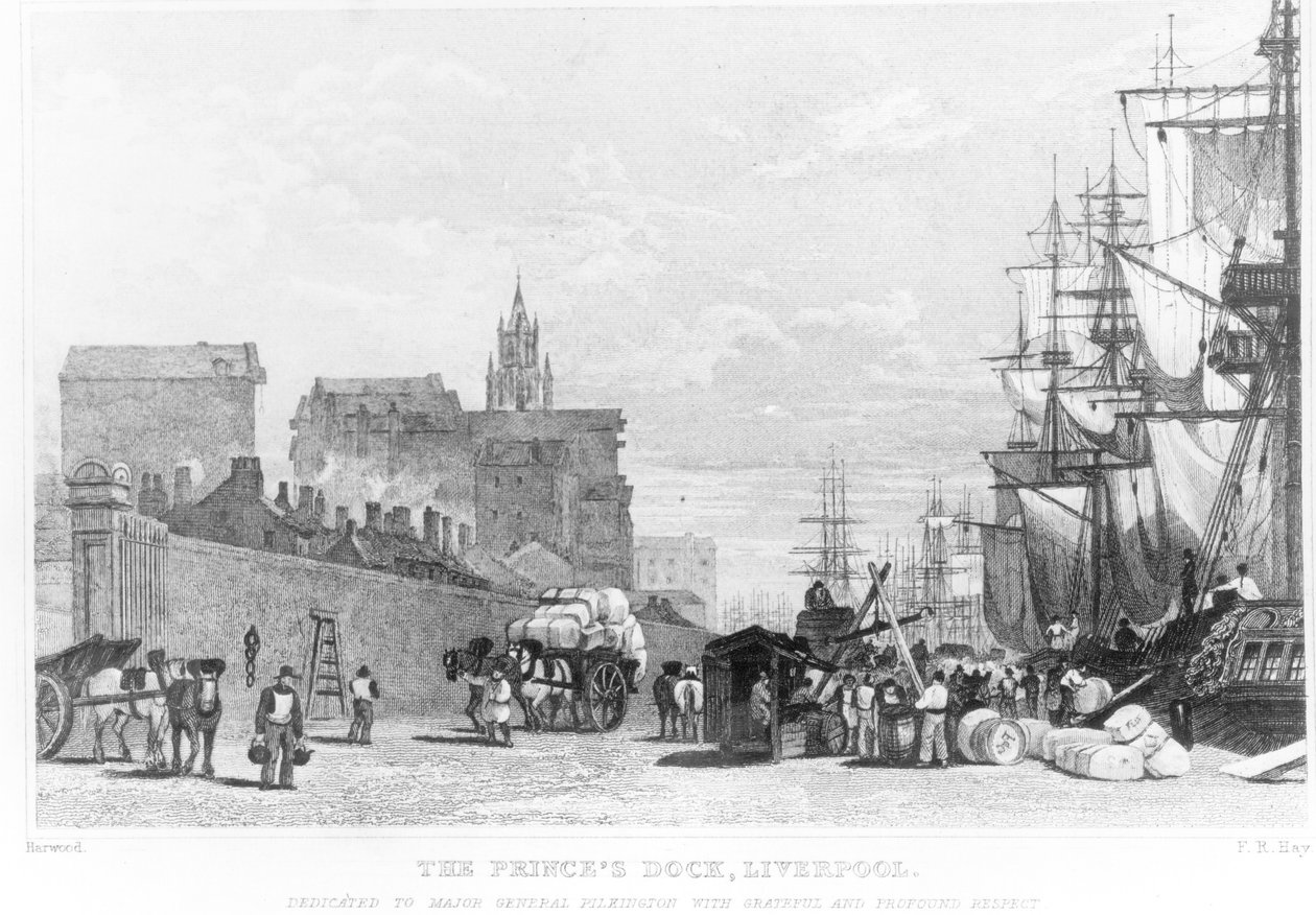 Prinssin telakka, Liverpool, kaiverrus F.R. Hay, noin 1830 tekijältä English School