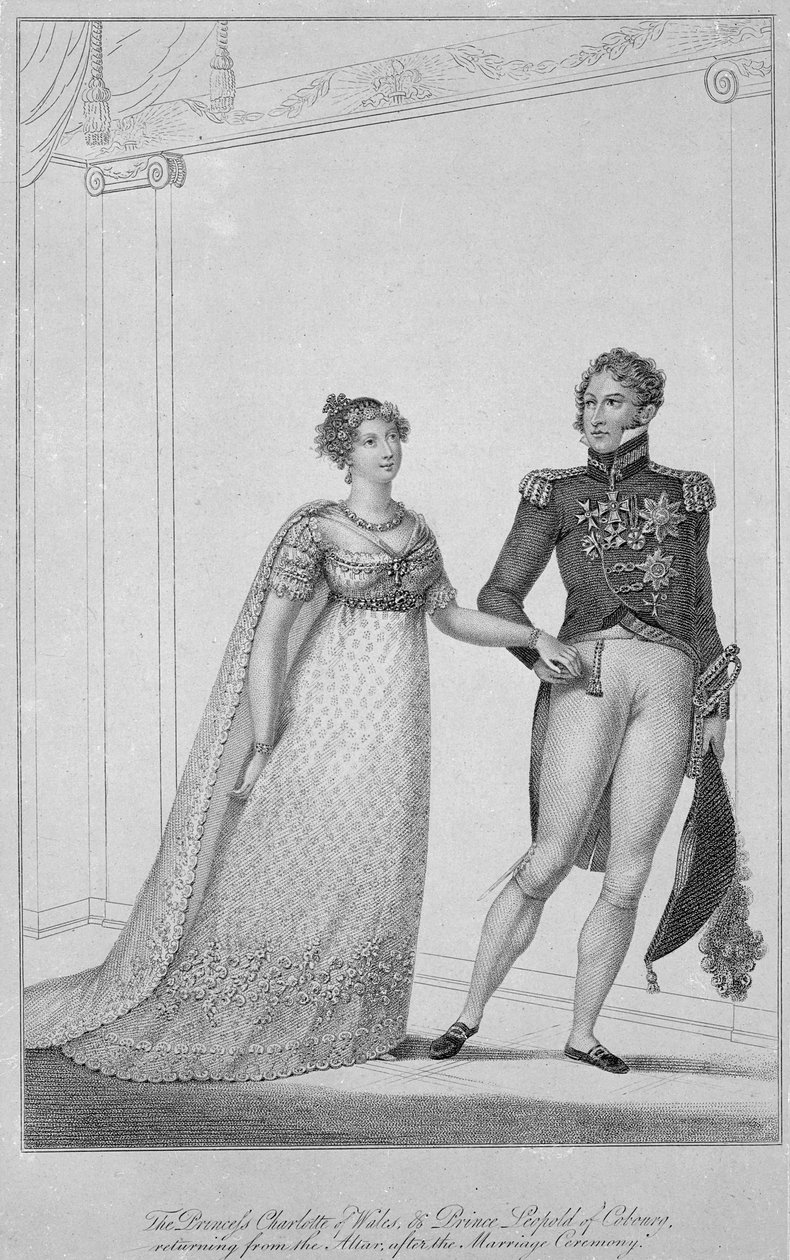 Walesin prinsessa Charlotte ja Cobourgin prinssi Leopold palaamassa alttarilta vihkimisseremonian jälkeen, 1816 tekijältä English School