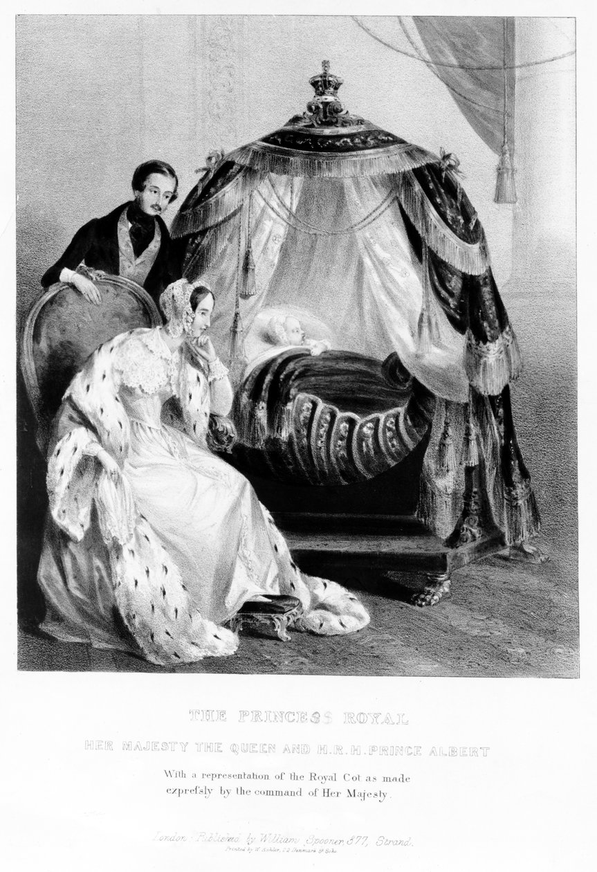 Prinsessa Royal, Hänen Majesteettinsa kuningatar ja HRH Prince Albert kuninkaallisen pinnasängyn kanssa, n. 1840 tekijältä English School