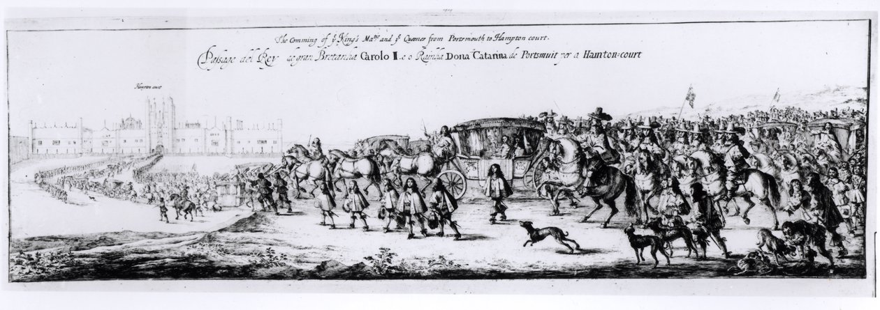 Kaarle II:n (1630-85) ja hänen uuden kuningattarensa Katariina Braganzan (1638-1705) kulkue Portsmouthista Hampton Courtiin, 1662 tekijältä English School