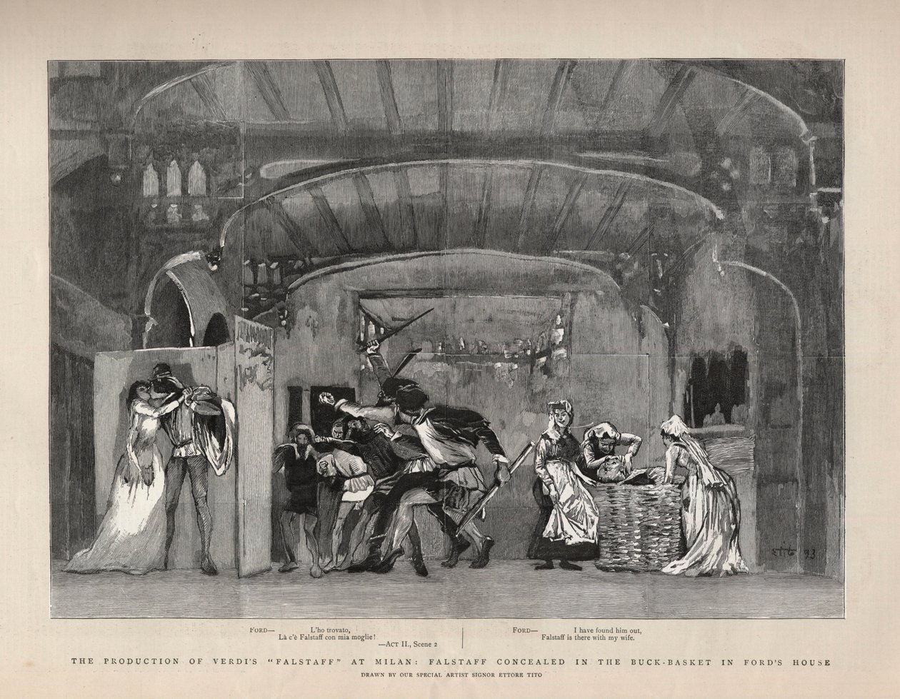 Giuseppe Verdin "" Falstaff" -tuotanto Milanossa, Falstaff piilotettu Buck-Basket Fordin talossa. Kuvitus Graphicille tekijältä English School