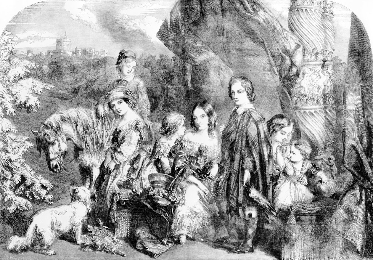 Kuningatar ja hänen lapsensa Windsorin suuressa puistossa, Illustrated London News -lehdestä vuodelta 1852. tekijältä English School
