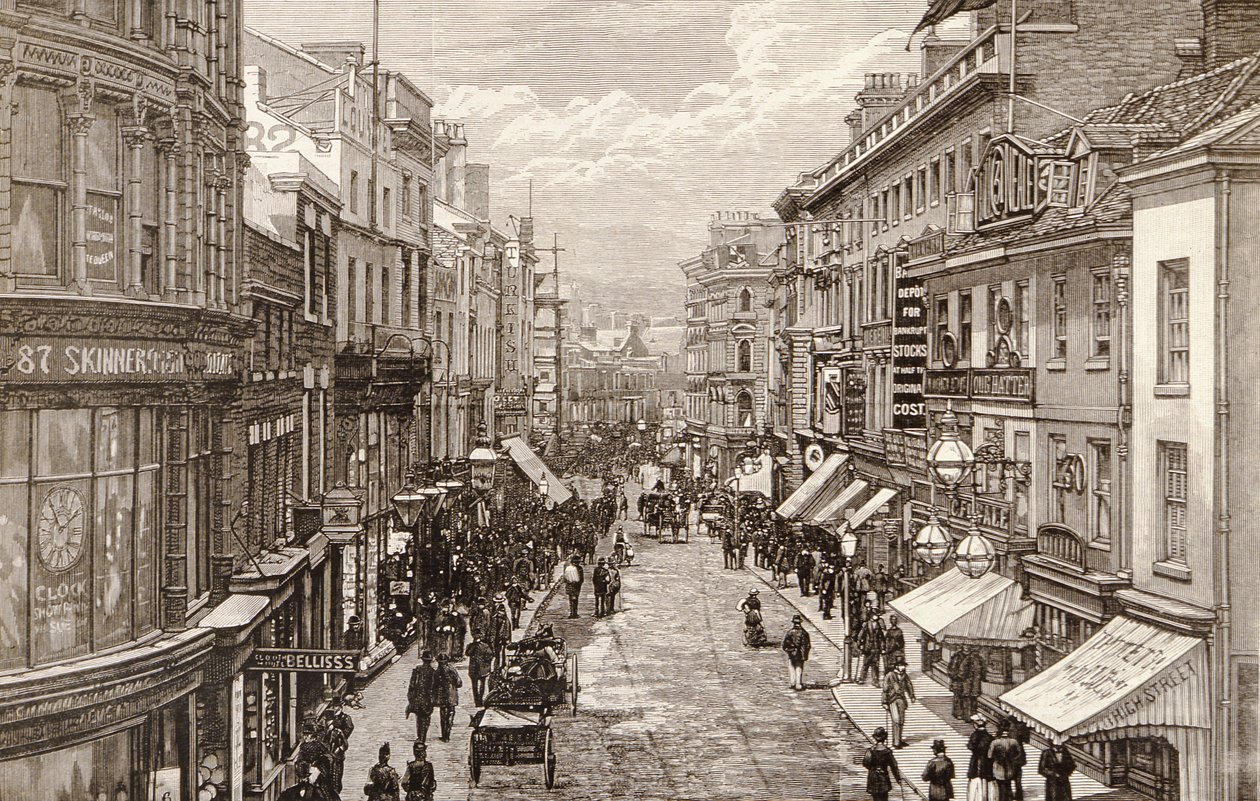 Kuningattaren vierailu Birminghamissa: The High Street, The Illustrated London News -lehdestä, 2. huhtikuuta 1887. tekijältä English School