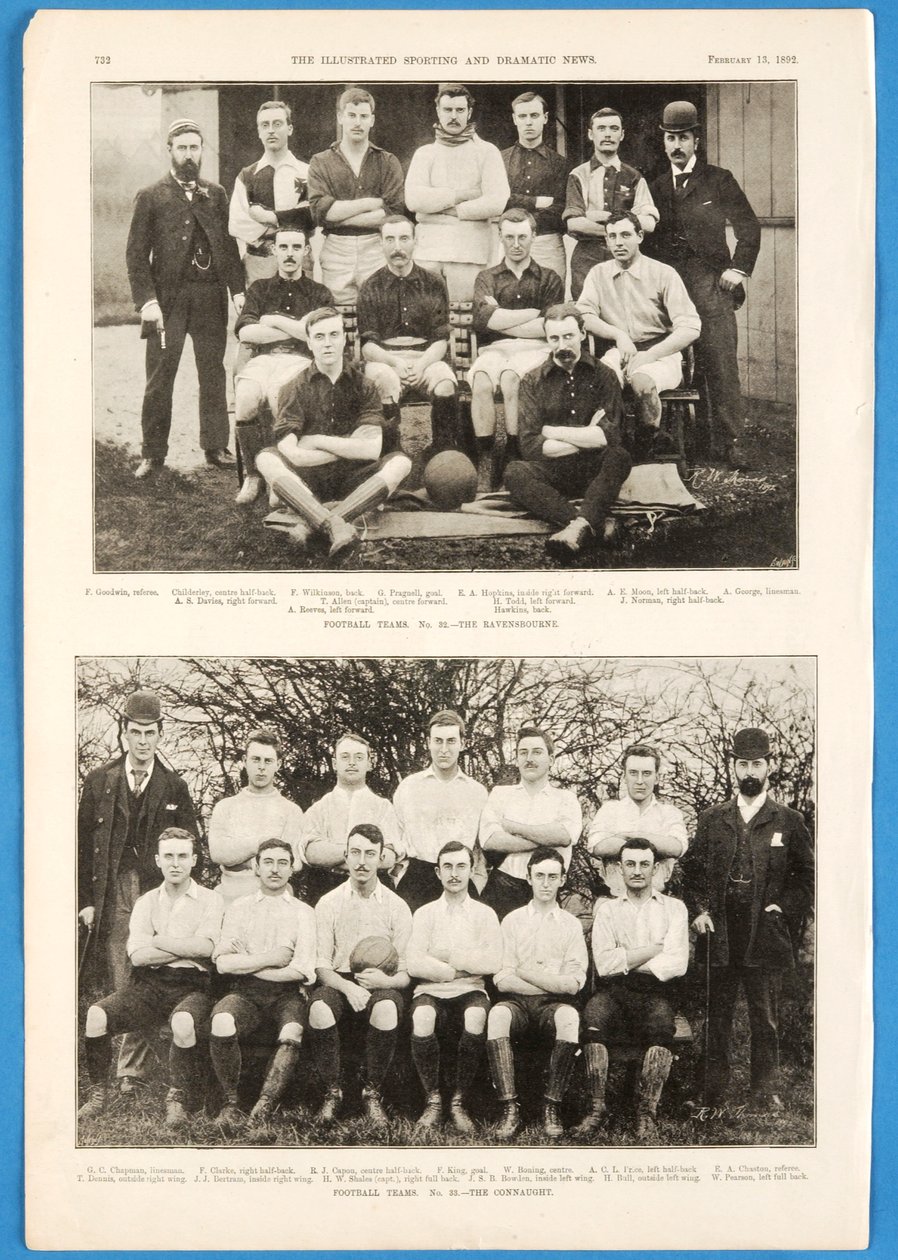 Ravensbourne ja The Connaught, jalkapallojoukkueet esiintyivät The Illustrated Sporting and Dramatic Newsissa 13. helmikuuta 1892 tekijältä English School