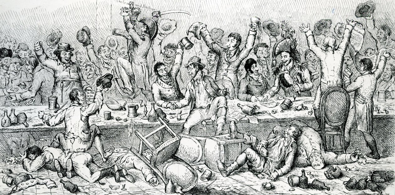Reformers Dinner, kuvitus otettu Satiristista, 1809 tekijältä English School