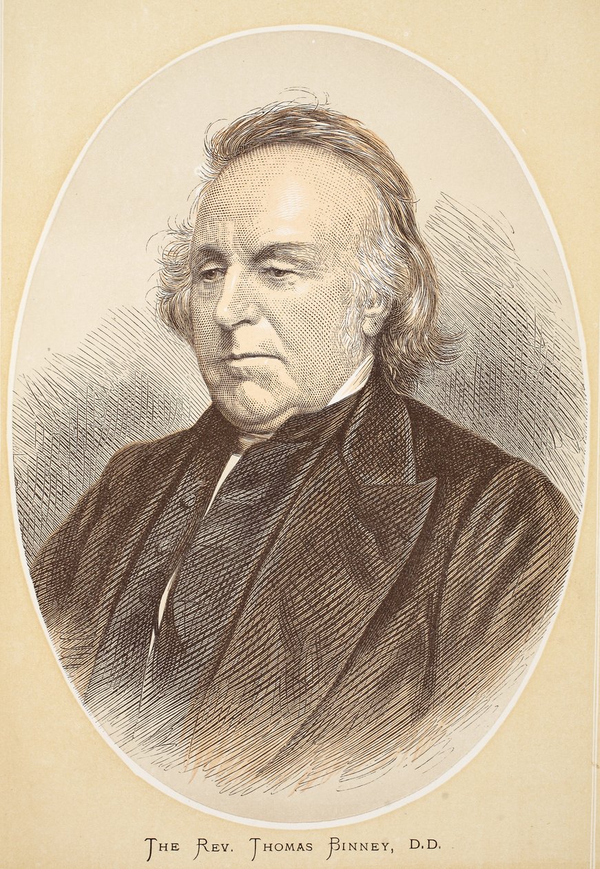 Pastori Thomas Binney, D.D., kuvitus J. Ewing Richien David Livingstonen elämän ja löytöjen kuvapainoksesta, pub. kirjoittanut A. Fullarton & Co., 1876 tekijältä English School