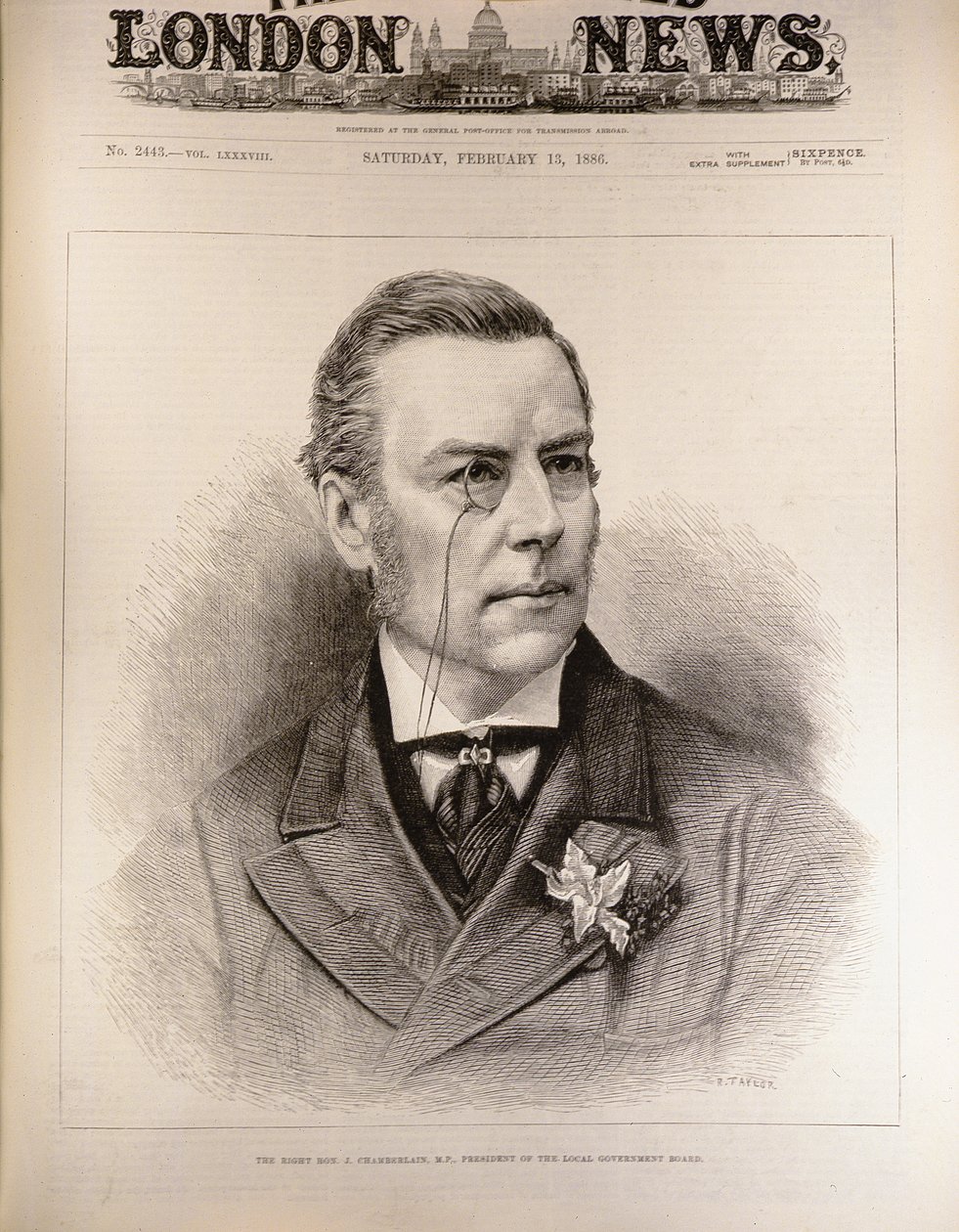 Kunnianarvoisa Joseph Chamberlain (1836-1914), kansanedustaja, paikallishallintoneuvoston puheenjohtaja, The Illustrated London News -lehdestä, 13. helmikuuta 1886. tekijältä English School