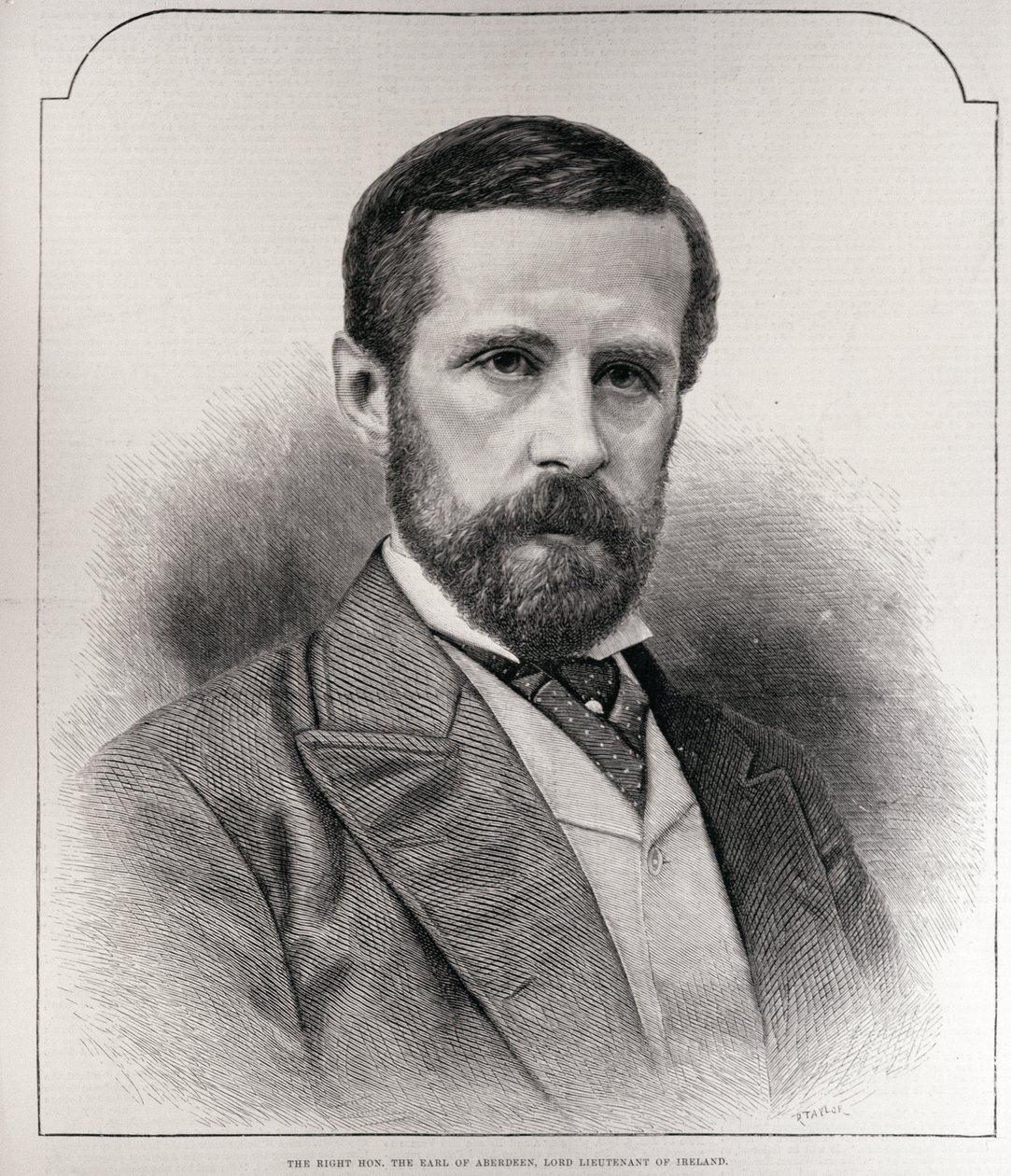 Oikea Hon. Earl of Aberdeen, Irlannin lordiluutnantti, kaiverrus R. Taylor, "The Illustrated London News", 13. maaliskuuta 1886 tekijältä English School