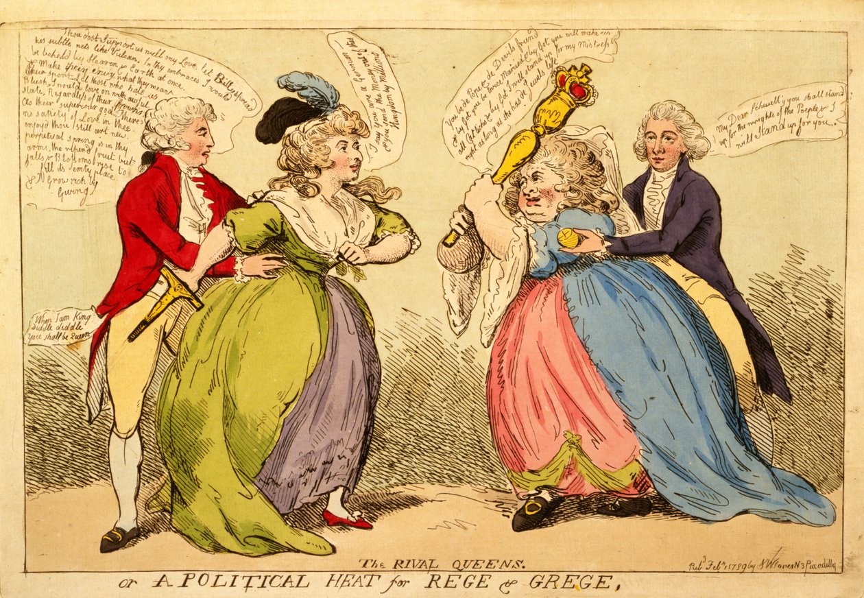 Kilpailevat kuningattaret tai poliittinen kuumuus Regelle ja Gregelle, 1789 (käsinvärinen kaiverrus) tekijältä English School