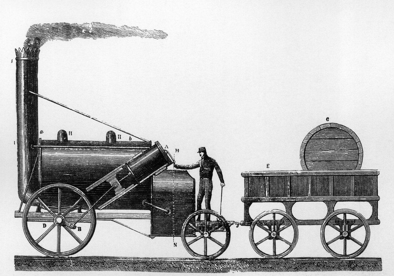 Rocket, höyryveturi, jonka George ja Robert Stephenson suunnitteli ja rakensi vuonna 1829 Liverpool-Manchester-rautatietä varten (kaiverrus) tekijältä English School
