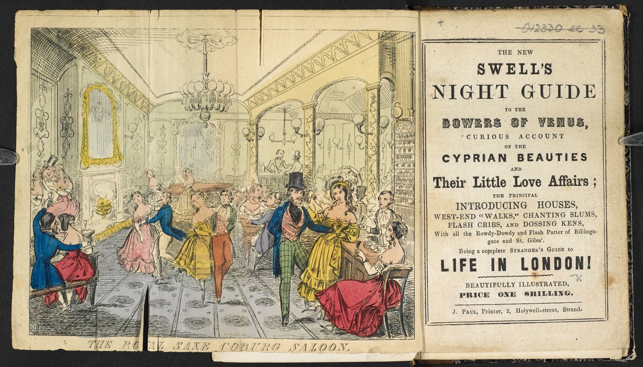 "The Royal Saxe Coburg Saloon". Joukko ihmisiä tanssimassa, syömässä ja juomassa, "Uuden turvotuksen yöopas Venuksen kumartamiseen... Täysin muukalaisen opas elämään Lontoossa!" tekijältä English School