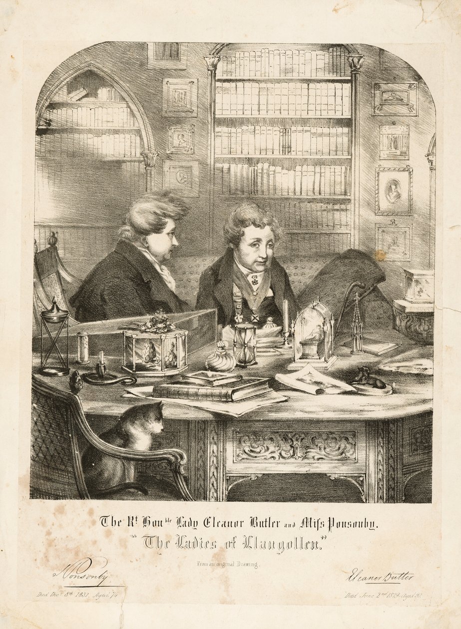 Rt. Hon. Lady Eleanor Butler ja neiti Ponsonby, "The Ladies of Llangollen", vuoden 1831 jälkeen (litho) tekijältä English School